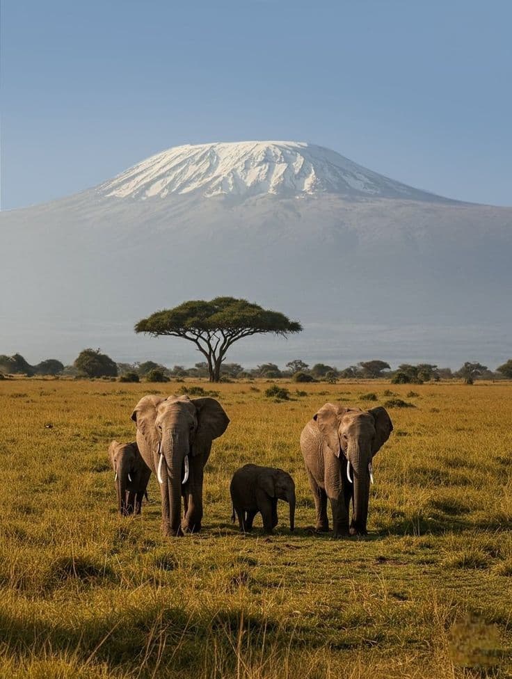 An elephant family and a lone acacia on the Amboseli plain below Kilimanjaro