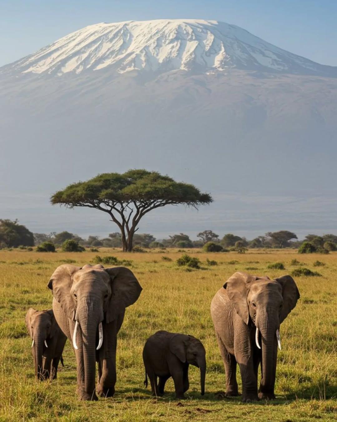 An elephant family with a calf under a flat-topped acacia, Kilimanjaro filling the sky