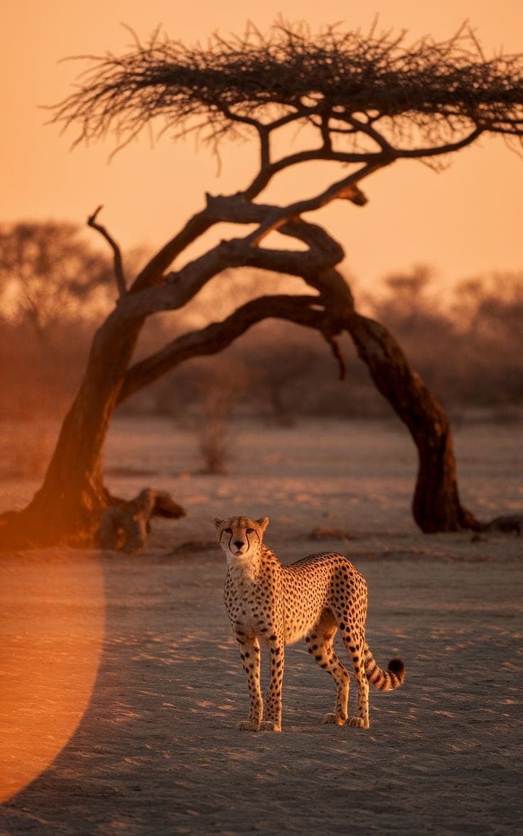 A cheetah standing on bare earth beneath a twisted acacia at sunset