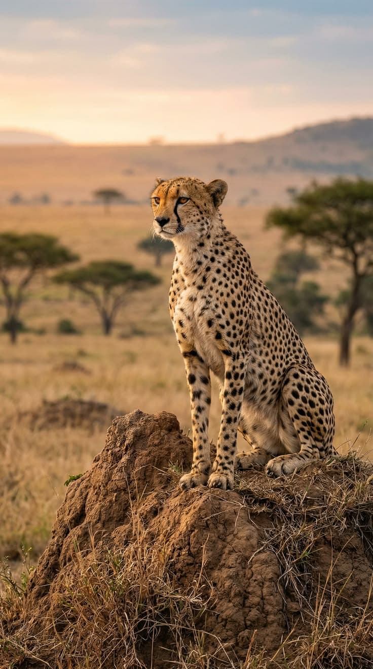 A cheetah sitting upright on a termite mound, open grassland and flat-topped acacias behind it