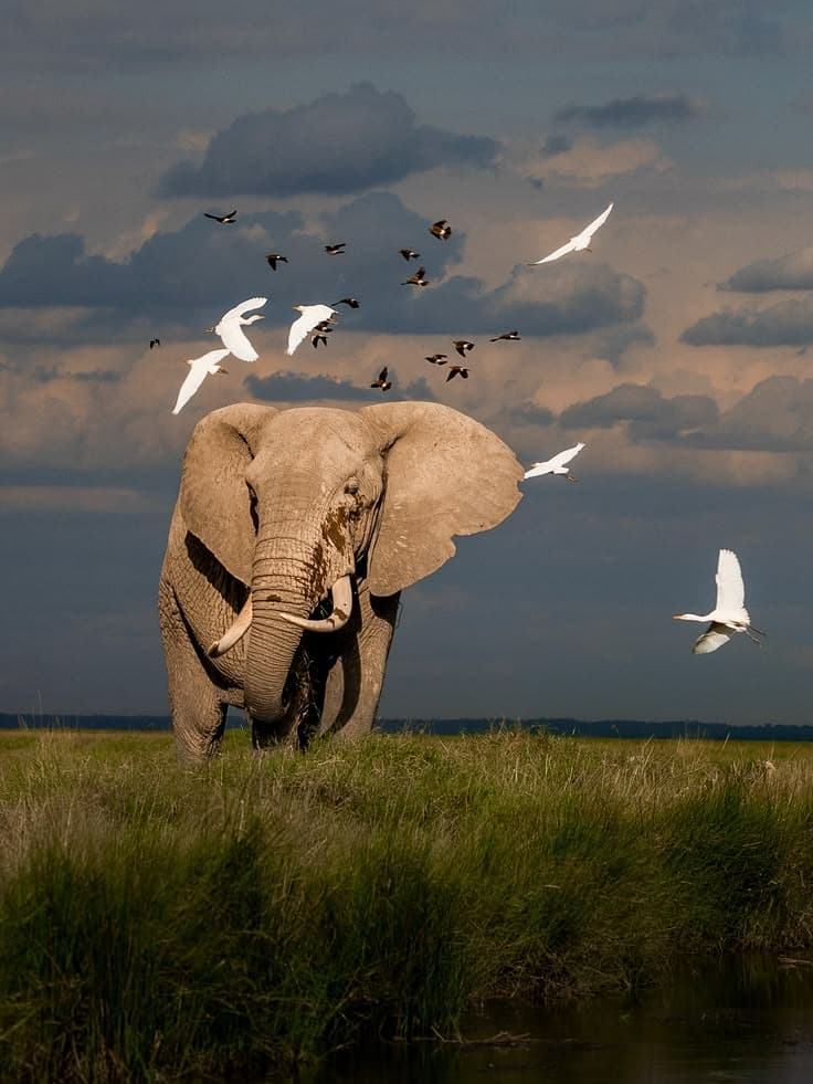 An elephant walking out of long grass as white egrets fly around it under a stormy sky