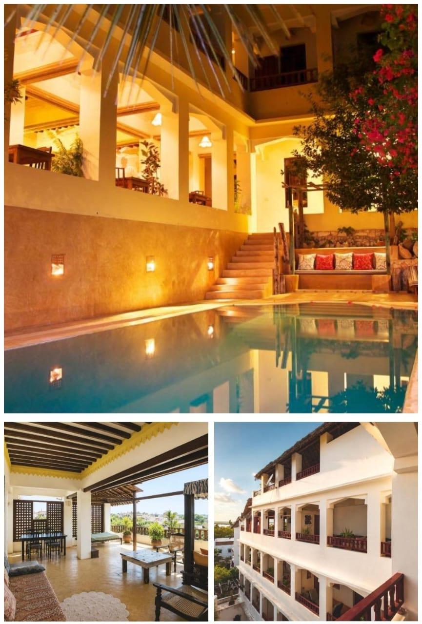A lit courtyard pool below the arcades of a Swahili house, a rooftop terrace, and the building seen from outside