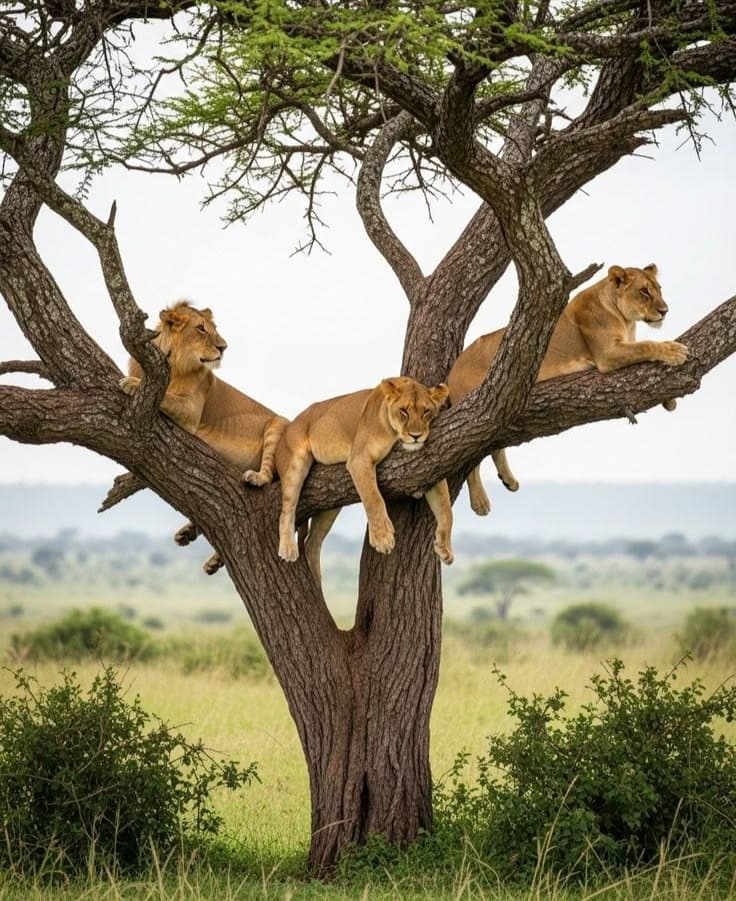 3 lionesses draped along the branches of an acacia above green bush