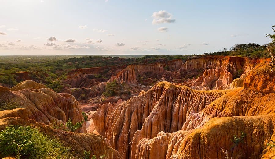 The ridges of the Marafa canyon glowing orange in late afternoon light