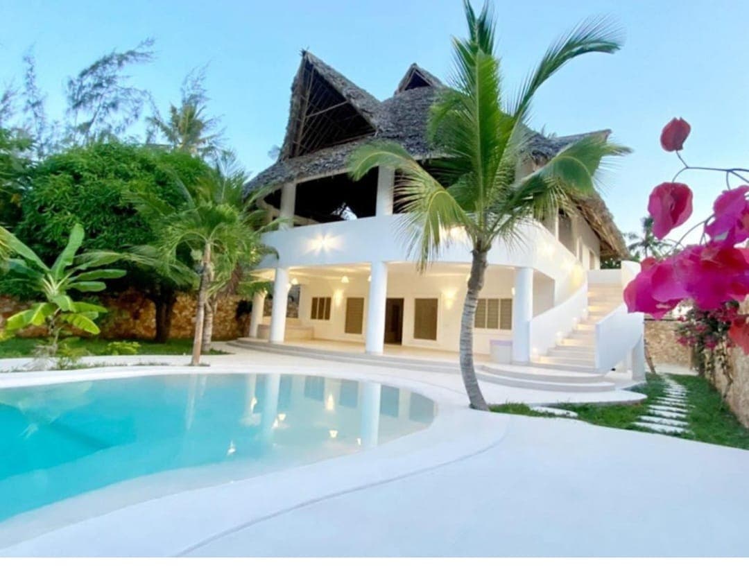 A white villa with a thatched roof behind a curved swimming pool, palms and bougainvillea